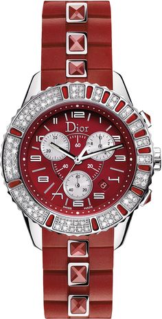 CD11431BR001 CHRISTIAN DIOR CHRISTAL CHRONOGRAPH LUXURY WOMEN'S WATCH Store Display Model (What's This?) - Free Overnight Shipping - With Manufacturer Serial Numbers - Swiss Made - Red Dial with Silver Sub-Dials - Arabic Numerals & Stick Index Hour Markers - Minute Markers Around Outer Rim - Stainless Steel Bezel Set with Diamonds & Red Sapphire Crystals - Date Feature     Date Display Window Located in Between 4 & 5 O'Clock - Chronograph Feature     Large Central Chronograph Second Hand     1/10th of a Second Counter Sub-Dial at 2 O'Clock     30 Minute Counter Sub-Dial at 10 O'Clock - Small Seconds Sub-Dial at 6 O'Clock - Battery Operated Quartz Movement - 3 Year Warranty - Guaranteed Authentic - Certificate of Authenticity - Manufacturer Displayed Box & Manual - Polished Stainless Steel Dior Watch, Red Sapphire, 5 O Clock, Womens Watches Luxury, Store Display, Women's Watch, Display Boxes, Luxury Women, Luxury Watch