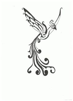 a black and white drawing of a bird with swirls on it's wings