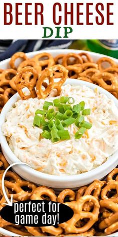 beer cheese dip in a bowl with pretzels on the side and text overlay