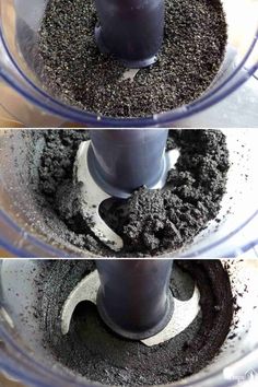 three pictures of a food processor with dirt in it