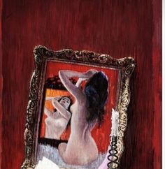 a painting of a woman in a red dress with her back turned to the camera