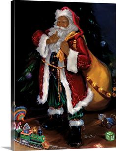 a painting of santa claus standing in front of a christmas tree