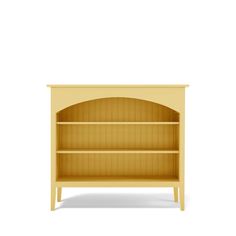 a yellow bookcase with two shelves on the front and one shelf in the back