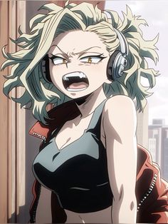 an anime character with headphones on her face and hair blowing in the wind, looking angry