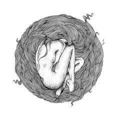 a black and white drawing of a woman laying on her back in the middle of a nest