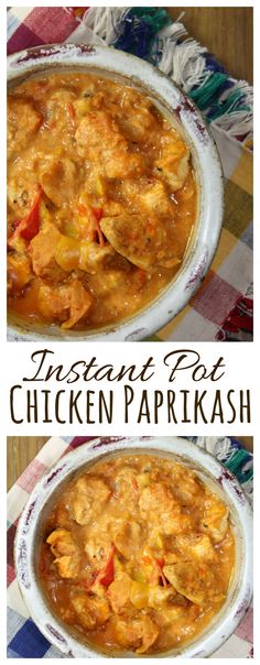 instant pot chicken paprikash in a white bowl on top of a checkered table cloth