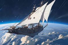 an artist's rendering of a sailing ship floating in the sky above the earth