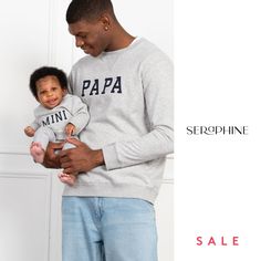 Dad can match with his baby in Seraphine's adorable Papa & Mini Sweatshirts - one for dad & a matching one for baby. Father's Day Family Matching Long Sleeve Tops, Family Matching Long Sleeve Tops For Gender Reveal, Cotton Blend, Sweatshirts