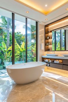 Escape to Serenity: Tour a Luxe Bathroom Oasis with Tropical Views Bathroom With Large Window, Master Remodel, Luxe Bathroom, Dubai Houses, Bathroom Oasis, Tropical Greenery, Chic Bathroom, Chic Interior Design, Ocean House