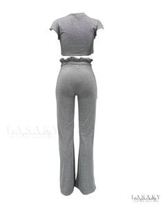 Lasaky - Letter print crop top and paper bag waist pants set Casual Two-piece High Waist Set, Casual Crop Top With Elastic Waistband For Day Out, Casual High-waisted Two-piece Set, Casual High Waist Two-piece Set, Cropped Two-piece Set Tops For Loungewear, Cropped Two-piece Loungewear Set, Casual Fitted Crop Top Sets, Casual Cropped Fitted Sets, Cropped Two-piece Pant Set