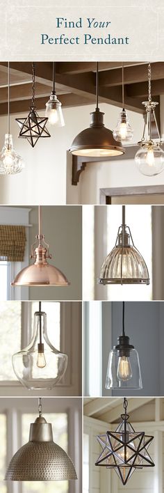 several different types of lights hanging from the ceiling in various styles and colors, with text that reads find your perfect pendant