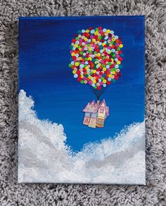 an acrylic painting of a house flying in the sky with balloons on it