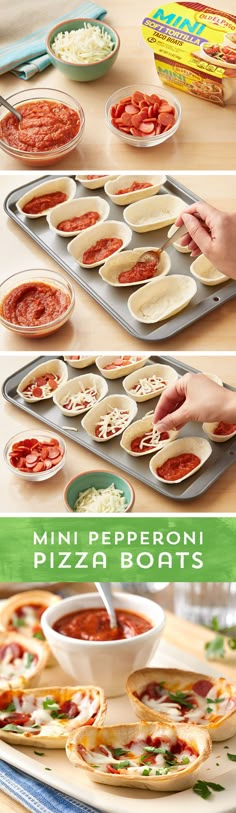 the process of making mini pepperoni pizza boats is shown in three different stages, including filling and toppings