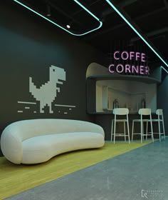 a couch and some chairs in a room with neon signs on the wall behind it