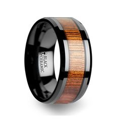 black ceramic ring with wood inlay and beveled edges