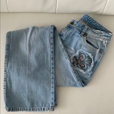 Never Worn. 100% Cotton. Inseam Approximately: 31”. Casual Embellished Denim Blue Jeans, Casual Blue Embellished Jeans, Casual Embellished Cotton Jeans, Trendy Embellished Blue Jeans, Summer Embellished Blue Jeans, Jeans Free People, Free People Jeans, Jeans Color, Flare Jeans