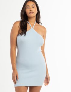 Full Tilt Solid Halter Dress. Self-Tie Halter Straps. Ribbed Construction. Fitted Silhouette. Approx. Length. 24". 72% Rayon 28% Nylon. Machine Wash. Imported. Model Is Wearing A Size Small. Model Measurements:height: 5'7" Bust: 32"waist: 23"hips: 32" Model Is Wearing A Size Medium. Model Measurements:height: 5'7" Bust: 34"waist: 30"hips: 40" Fitted Ribbed Halter Neck Bodycon Dress, Fitted Ribbed Halter Neck Mini Dress, Fitted Ribbed Mini Dress With Halter Neck, Full Tilt, Fitted Silhouette, Model Measurements, Halter Dress, Light Blue, Size Medium