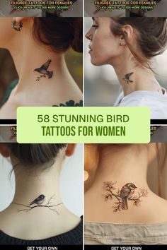 four different tattoos on the back of women's neck and shoulder, with birds sitting on