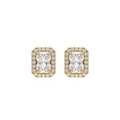 Classic Radiant Diamond Halo Earrings made with a radiant-cut solitaire diamonds set in a four prong setting and surrounded by a halo of round brilliant-cut diamonds in pave setting.Details: - Made to Order- Focal Diamond Weight: 2.00 CT, 3.00 CT, 4.00 CT, 5.00 CT, 6.00 CT- Accent Diamond Weight: 0.55 CT - 1.35 CT (Carat weight varies based on chosen Focal Diamond)- Focal Diamond Cut: Radiant- Accent Diamond Cut: Round- Diamond Type: Lab Grown Diamond (CVD, HPHT)- Diamond Clarity: VS - Diamond C Luxury Earrings With Diamond Accents And Radiant Cut, Classic Radiant Cut Diamond Accent Earrings, Radiant Cut Diamond Earrings With Accents, Formal Radiant Cut Diamond Earrings With Prong Setting, Diamond Cut Radiant Cut Diamond Earrings, Radiant Cut Diamond Earrings, Diamond Earring Jackets, Fancy Color Diamond Ring, Halo Diamond Earrings