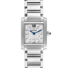 Cartier Tank Francaise Small Steel Diamond Dial Ladies Watch WE110006. Quartz movement. Rectangular stainless steel 20 x 25 mm case. Octagonal crown set with a blue spinel cabochon. . Scratch resistant sapphire crystal. Silver guilloche dial with original Cartier factory diamond hour markers. Sword shaped blued steel hands. Stainless steel bracelet with double deployant clasp. Will fit up to 6 1/4" wrist. Cartier Formal Diamond Watch With Rectangular Dial, Luxury Cartier Watch With Rectangular Dial, Cartier Rectangular Evening Watch, Cartier Platinum Watch With Rectangular Dial, Luxury Quartz Watch With Rectangular Dial, Cartier Tank Francaise, Blue Spinel, Cartier Tank, Ladies Watch