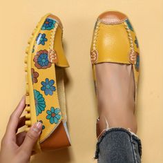 Look your best with these stylish women's casual yellow flat shoes with flower patterns. Crafted from high-quality materials, these shoes feature a lightweight and comfortable low top design that is sure to keep your feet supported and stylish all day long. Material Genuine Leather Closure Slip-on Toe Style Plain toe Special Features Lightweight Patterned Flowers Embellishment Feature None All-season Spring Type Ballet Strap Type Strappy back Item ID PV16216 Casual Yellow Flats With Round Toe, Casual Yellow Round Toe Flats, Yellow Slip-on Closed Toe Flats, Yellow Slip-on Flats For Summer, Yellow Slip-on Flats For Spring, Casual Yellow Closed Toe Flats, Casual Yellow Leather Flats, Comfortable Low-top Flats For Spring, Yellow Flat Shoes