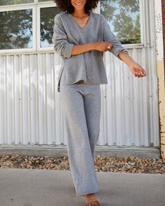 Sweater sets are having a moment, and we're here for it. Wear this super soft v-neck on its own or pair it our matching Stowaway Pant for an easy throw-on-and-go fall fit. Stay warm while looking effortlessly pulled together in this luxurious blend of superfine wool and recycled cashmere. Relaxed v-neck sweater with drop shoulders, side slits and high-low hem. Made with a fine 12-gauge Italian yarn with roll edge neckline and hem. Soft Knit V-neck Sweater For Loungewear, Cozy Winter V-neck Sweater For Loungewear, Relaxed Fit V-neck Sweater For Fall Loungewear, Fall Relaxed Fit V-neck Sweater For Loungewear, Relaxed Fit V-neck Sweater For Loungewear, Casual V-neck Sweater In Soft Knit For Loungewear, Cozy V-neck Sweater For Fall Loungewear, Casual V-neck Sweater With Ribbed Cuffs For Loungewear, V-neck Sweater For Loungewear In Fall