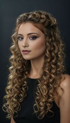 Hairstyle With Curls Wedding, Half Up Half Down Wedding Hair With Headpiece, Curled Hairstyles Half Up, Elegant Curled Hair, Brid Hair Styles, Curly Hairstyles Elegant Wedding, Natural Curls Wedding Hair Half Up, Long Curly Half Up Half Down, Prom Hairdos For Long Hair