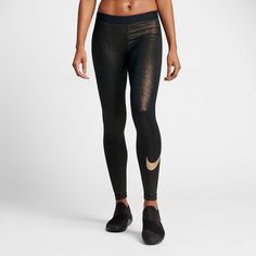 Nike Pro Shimmering Metallic Gold Workout Leggings Nwt, Size S Choose These Pro Cool Leggings From For High-Intensity Training. Shimmering Gold Design Looks Stylish. Mid Rise Skinny Fit Through Hips And Thighs Skinny Leg Pull-On Styling With Flat Elastic Waistband Pro Cool Comfort Dri-Fit Technology Helps Moisture Evaporate Body-Skimming Fit Is Ideal As A Base Layer 88% Polyester 12% Spandex Rose Gold Nike, Metallic Tights, Shopping List Clothes, Glitter Leggings, Gold Nike, Estilo Fitness, Nike Pro Leggings, Nike Pro Women, Nike Gold