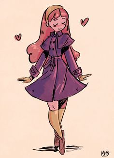 a drawing of a woman in a purple dress with hearts around her neck and hands behind her back