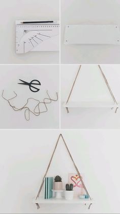 four different angles of hanging shelves with scissors and other items on them, along with a ruler