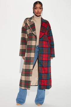 Strange Things Plaid Coat - Red/combo | Fashion Nova Colorful Trench Coat, Plaid Coats For Women, Plaid Trench Coat Outfit, York Outfits, Red Plaid Jacket, Fashion Nova Plus Size, Plaid Trench Coat, Tartan Fashion, Plaid Wool Coat