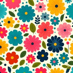 colorful flowers and leaves are on a white background with blue, yellow, pink, red, green