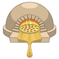 the pizza is being cooked in an oven with a spatula on it's side