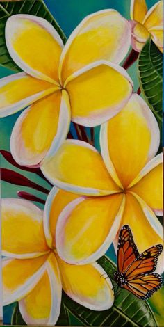 a painting of yellow flowers and a butterfly