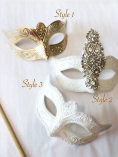 This Masquerade Masks selection available in 3 styles to choose from complements any formal attire you choose for your masquerade Ball event. Sold individually! I N C L U D E D Available for purchase individually. Comes with matching Ribbons attached S H I P P I N G - Processed same day or within 24 hours. 1-2 day guaranteed delivery services offered, add items to cart and click on shipping tab for rates. Pls leave a check out note with your need date & contact number (especially for expedited a White Masquerade Mask For Mardi Gras Gift, White Masquerade Mask For Mardi Gras, White Formal Masquerade Mask For Carnival, White Venetian Masquerade Mask For Gift, White Venetian Masquerade Mask As Gift, Elegant White Masquerade Mask For Weddings, Elegant White Wedding Masquerade Mask, White Venetian Masquerade Mask For Wedding, White Eye Mask Masquerade Mask As Gift