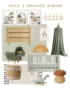 a baby's nursery with green and white decor