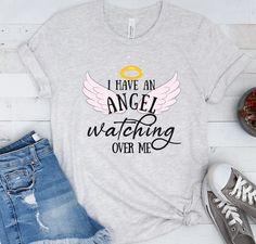 Loved One in Heaven T-shirt Memorial Shirt Remembrance - Etsy Angel Wings And Halo, Little Sister Shirt, Wings And Halo, Loved One In Heaven, Angel Books, Watch Over Me, Daughters Shirt, Beautiful Journals, Remembrance Gifts