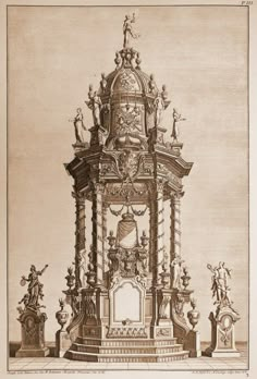 an antique drawing of a clock tower with statues around it