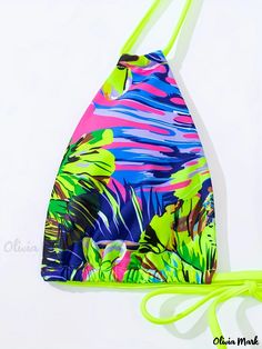 Olivia Mark - Tropical Floral Print Halter Criss Cross 2 Piece Set Bikini, Hollow Out Spaghetti Strap Stretchy Swimsuits, Women's Swimwear & Clothing Green T-back Swimwear For Beach, Fitted Tropical Tankini With Adjustable Straps, Multicolor Halter Neck Swimwear For Summer, Multicolor Halter Neck Tankini For Swimming, Summer Multicolor Halter Neck Tankini, Multicolor Halter Neck Tankini For Summer, Multicolor T-back Summer Swimwear, Green Printed Halter Neck Swimwear, Multicolor Halter Neck Tankini For Sunbathing