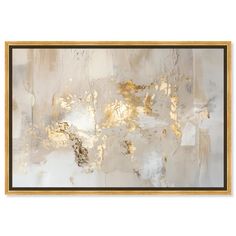 an abstract painting with gold and white paint on the wall, framed in black wood frame