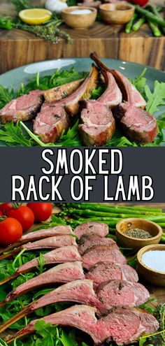 smoked rack of lamb on a platter with herbs and tomatoes