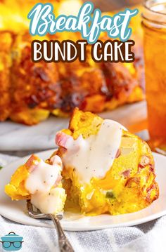 breakfast bundt cake on a plate with a fork and glass of tea in the background