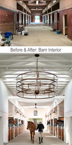 before and after barn interior photoshopped with horse in the foreground, then on the right