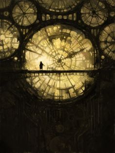 a person standing on a bridge in front of a large clock