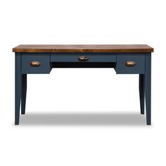 a blue table with two drawers on one side and an open drawer on the other