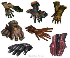 several different types of gloves are shown in this image