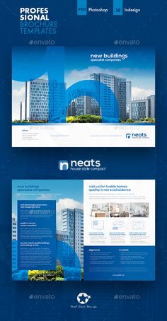 a blue and white brochure with buildings in the background - brochures print templates