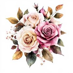 watercolor painting of pink roses and leaves