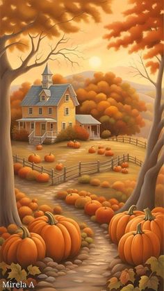 a painting of pumpkins in front of a house with trees and leaves on the ground