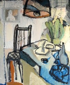 a painting of a dining room table with blue and white dishes on the table next to it